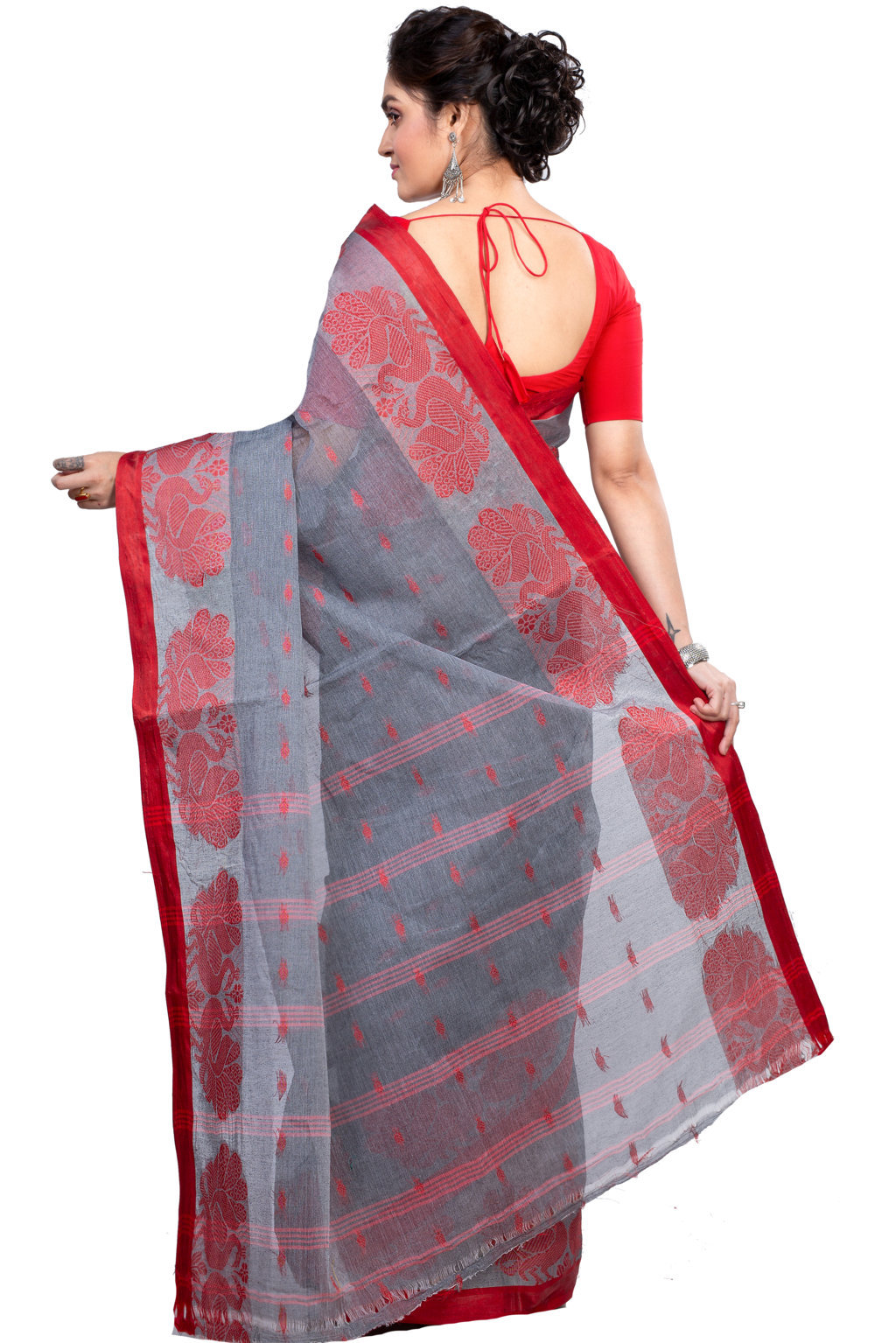 Gray Pure Cotton MOYUR PAR Tant Saree (904)